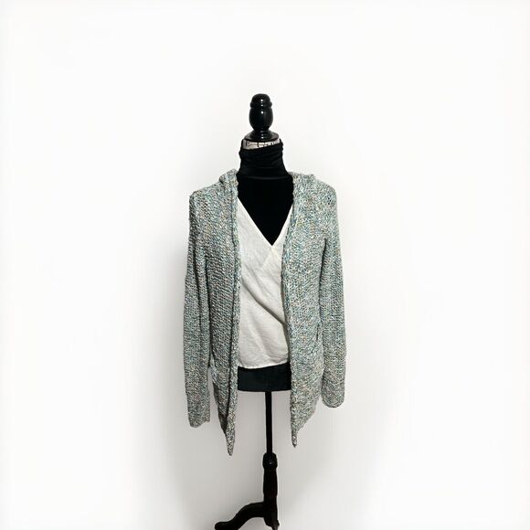 MOTH BY ANTHROPOLOGIE Nubby Knit Open-Front Hooded Cardigan Sweater Teal White M - Picture 1 of 8